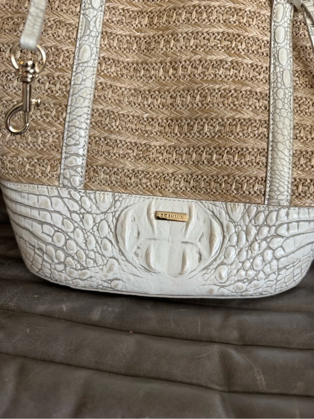Brahmin Asher straw/white leather  shoulder bag.